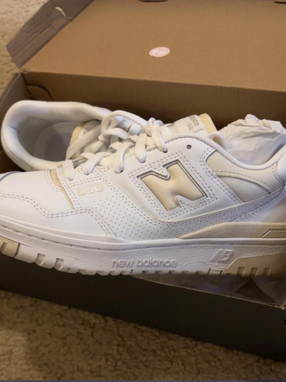 New Balance White and Cream Leather Sneakers